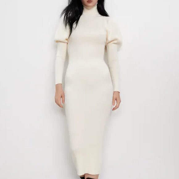 Zara Dresses & Skirts - NWT Zara Ecru Balloon Sleeve Long Knit Dress, L